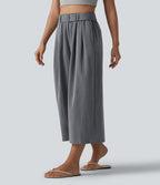 Pantalon large court casual taille haute avec ceinture aspect lin et poches