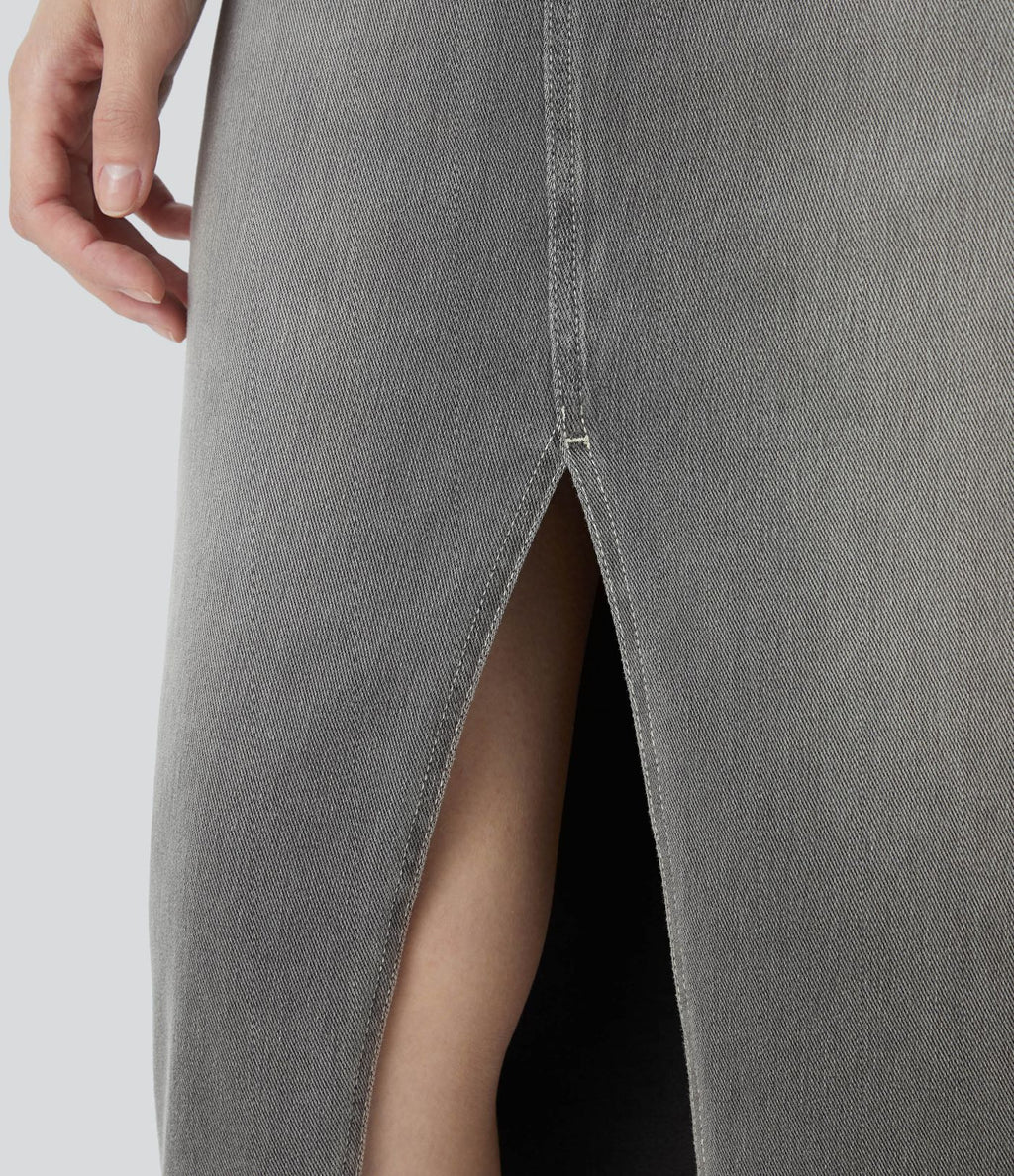 Halara Flex™ Jupe en Jean Casual Mi-Longue Délavé Extensible Plusieurs Poches Taille Haute