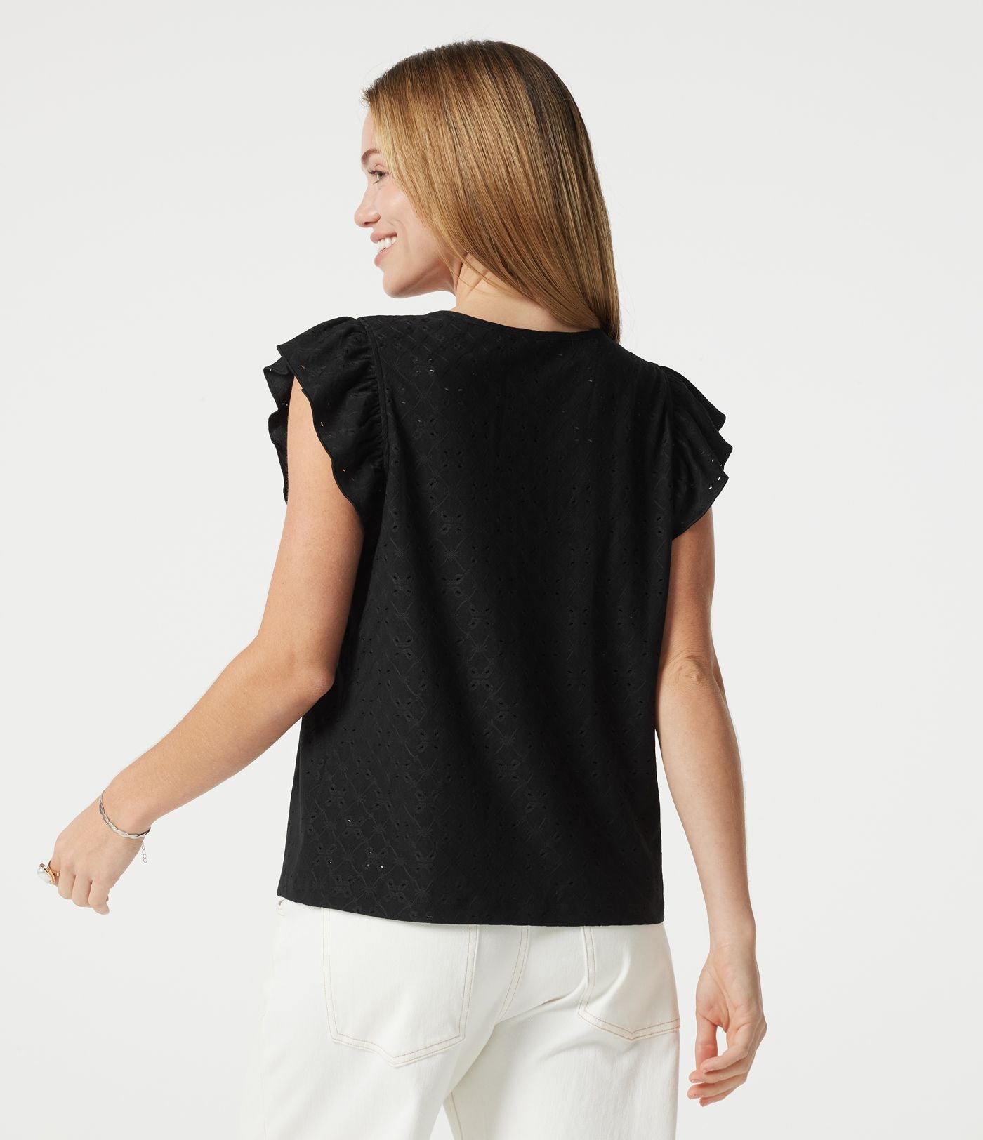 Top casual col rond à manches à volants en broderie anglaise
