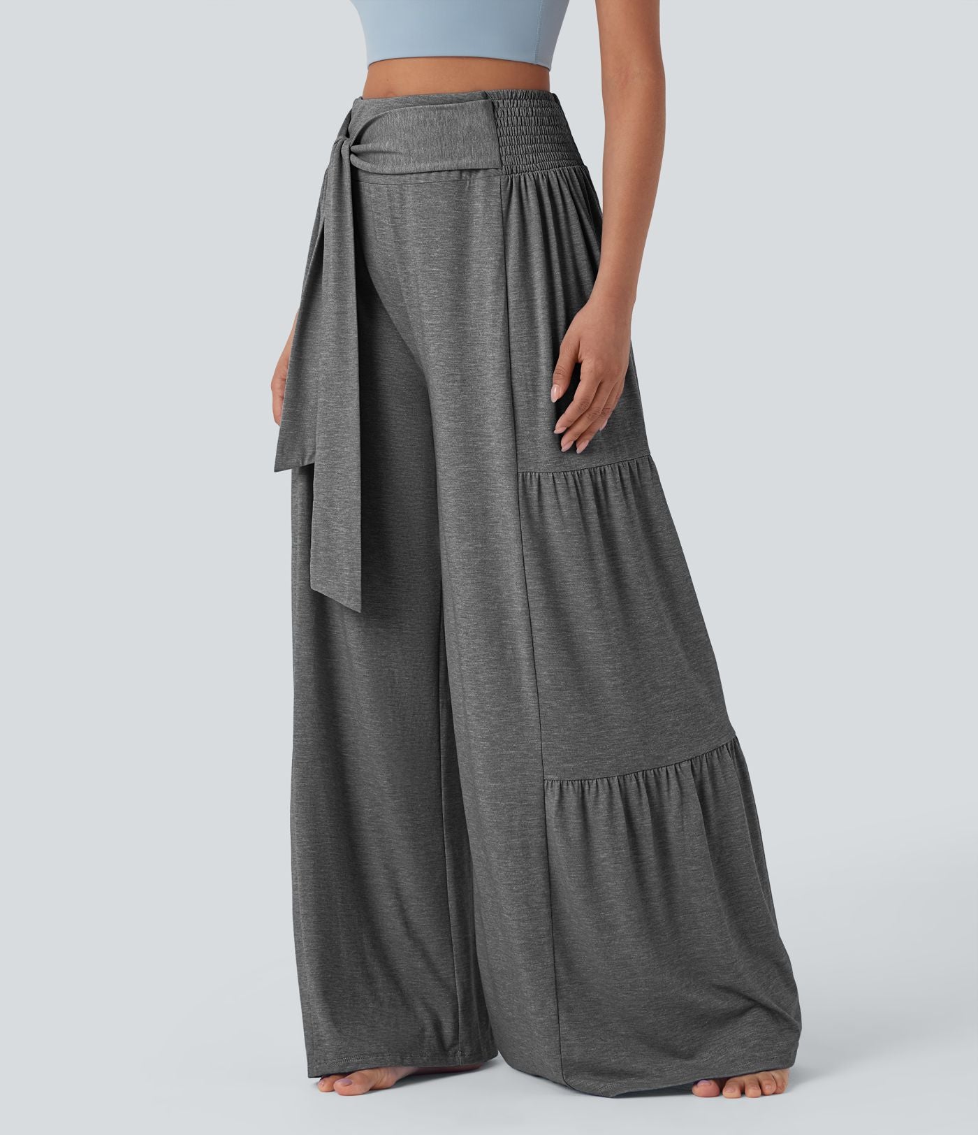 Pantalon danse large fluide taille haute smocké nœuds devant et dos