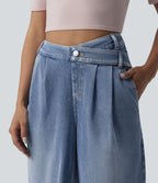 Halara Flex™ Jean large décontracté asymétrique taille haute délavé avec poches