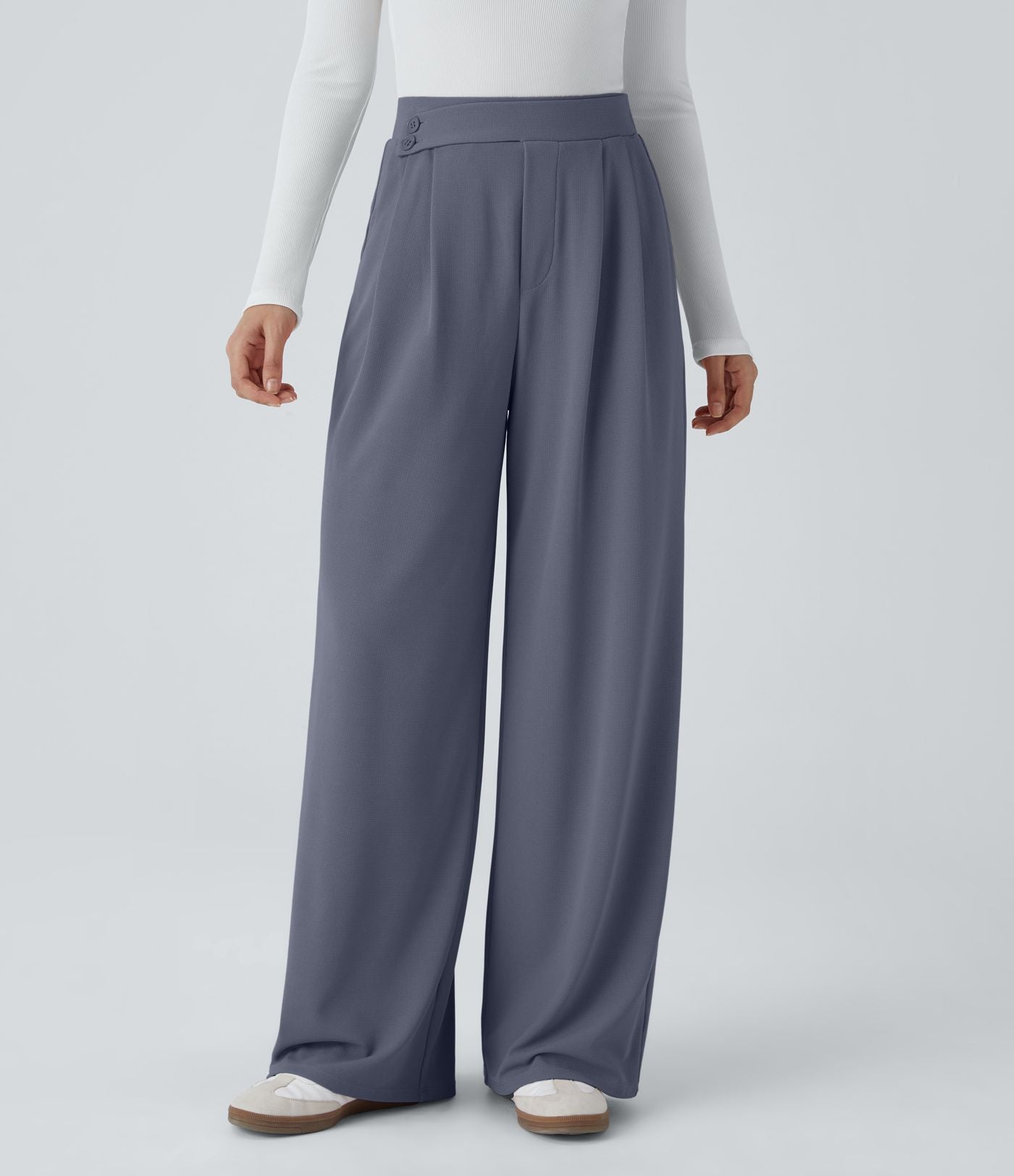 Pantalon taille haute décontracté large en maille gaufrée, avec poches