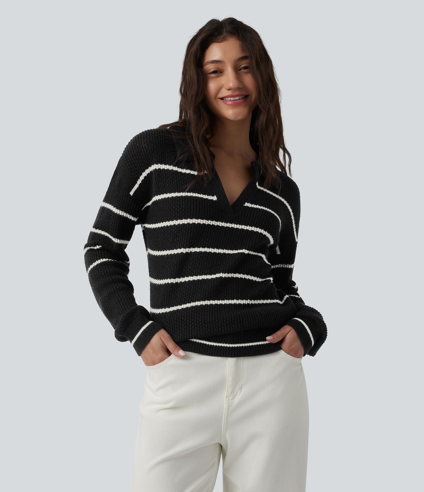 Pull casual col V manches longues à rayures