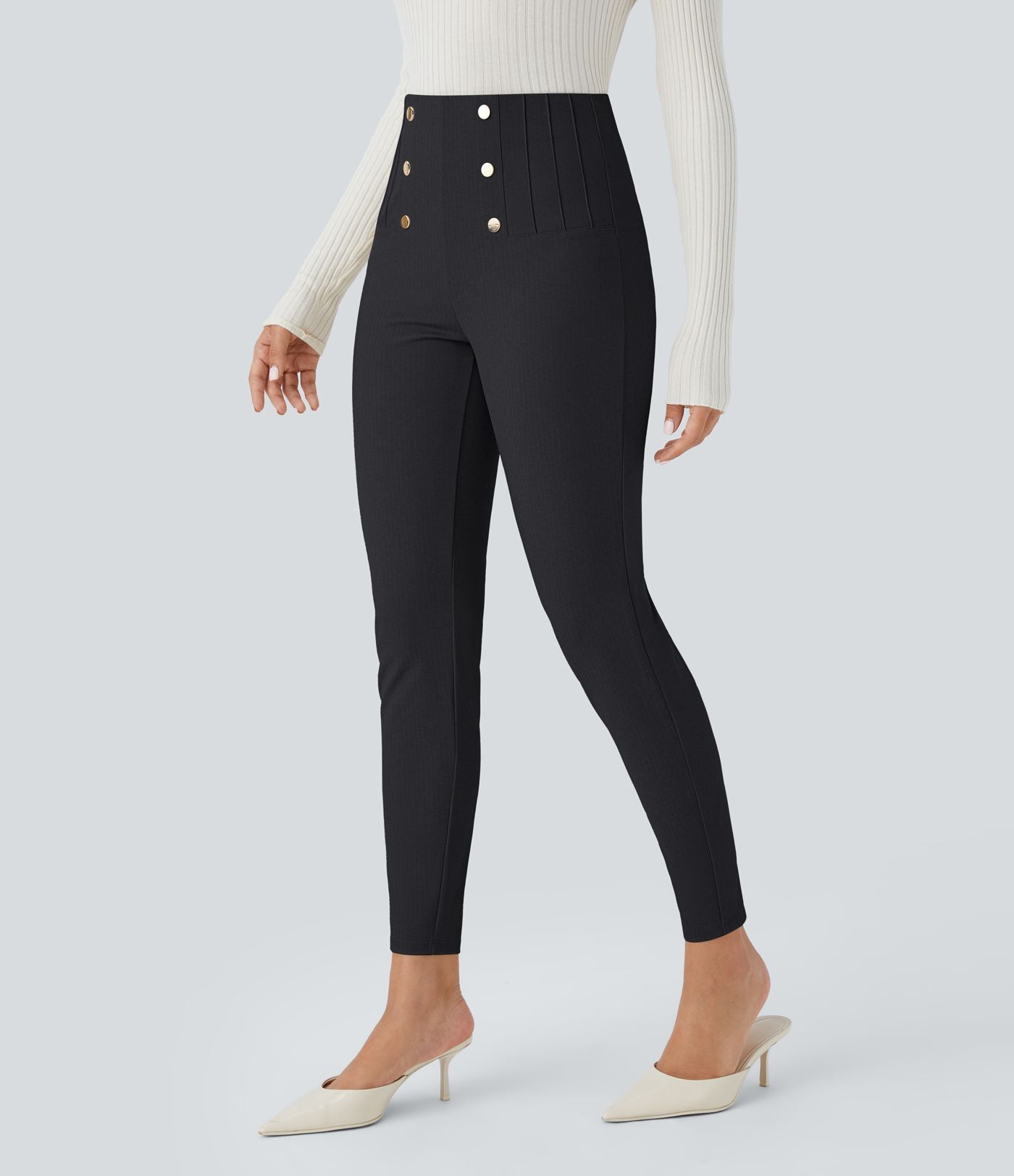 Pantalon tailleur skinny gainant taille haute à chevrons avec poches arrière zippées décoratives