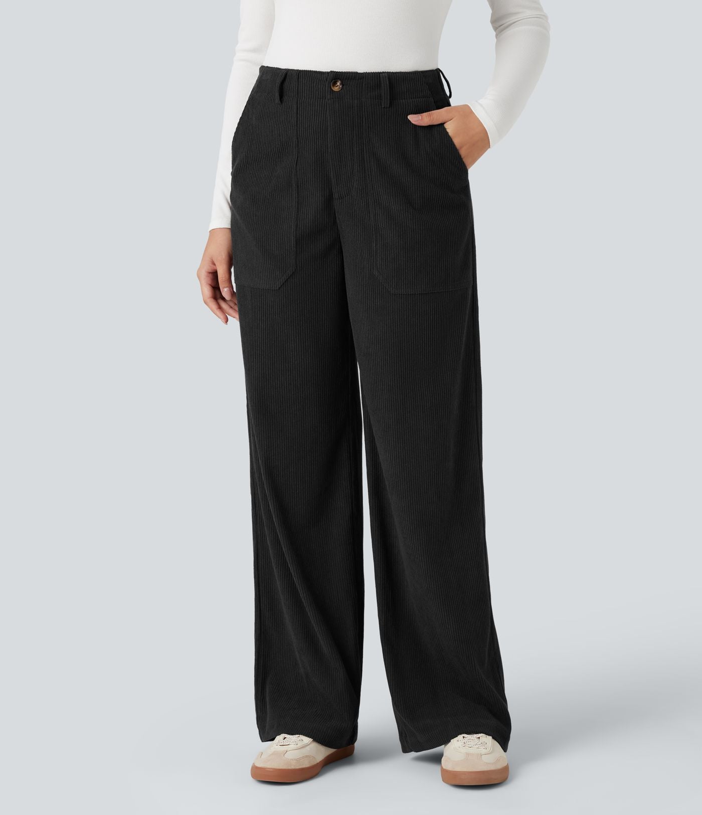Pantalon décontracté large en velours côtelé, taille haute, avec poches