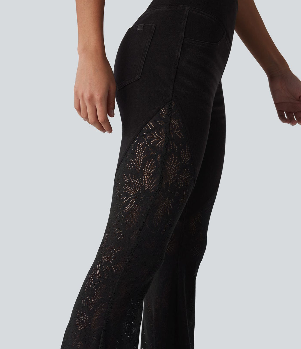 Halara Flex™ Jean évasé casual ventre plat taille haute croisé avec dentelle contrastée et poches