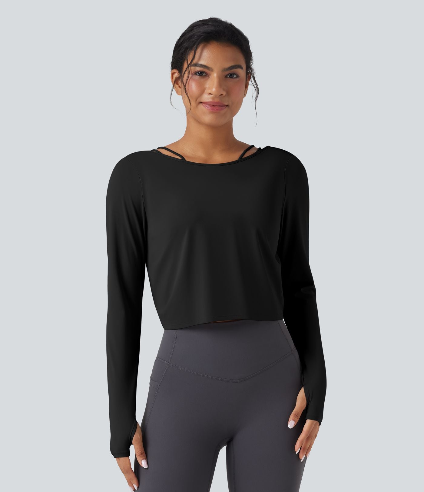 Top de sport yoga SoftlyZero™ QuickDry 2-en-1 dos nu torsadé manches longues avec trous pouces