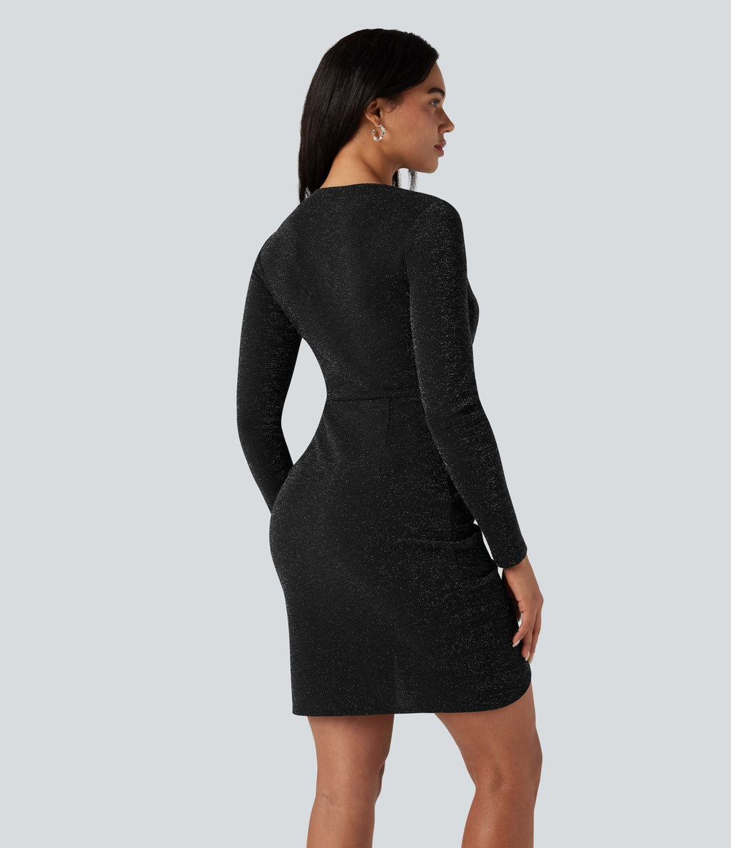 Robe mini manches longues, col rond, drapée, moulante, effet sparkle