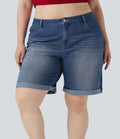 Short bermuda casual denim grande taille Halara Flex™ tricot extensible délavé taille haute multiples poches ourlet roulotté