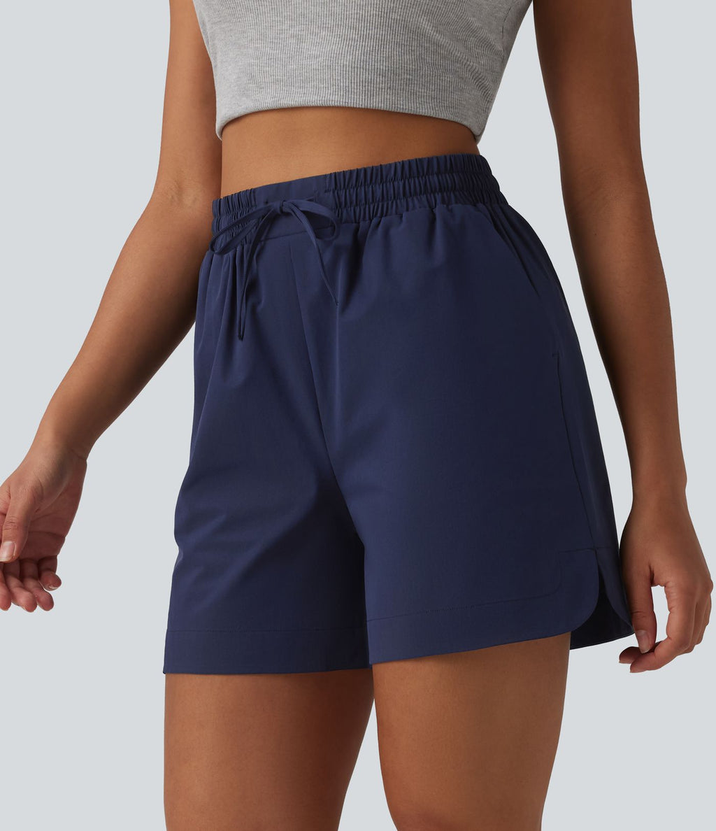 Short ample décontracté taille haute avec cordon de serrage ourlet arrondi avec poches