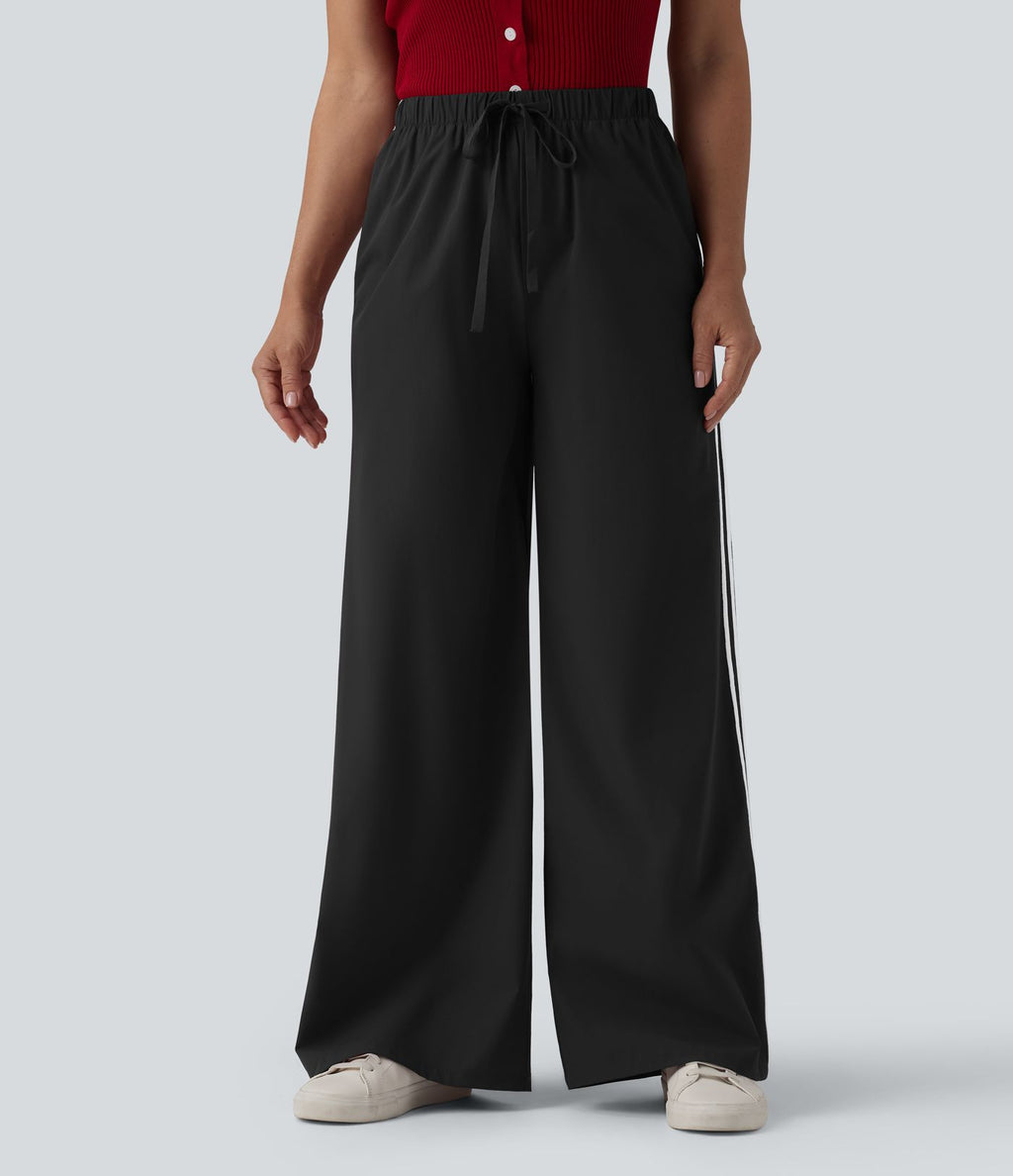 Pantalon large décontracté rayé taille haute avec cordon de serrage avec poches