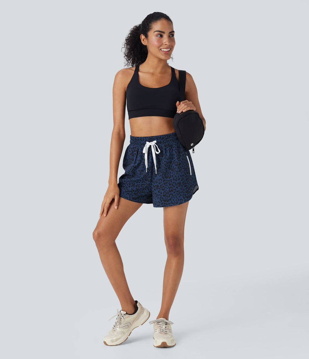 Short de jogging 2-en-1 taille haute avec cordon à imprimé léopard et ourlet incurvé avec poches
