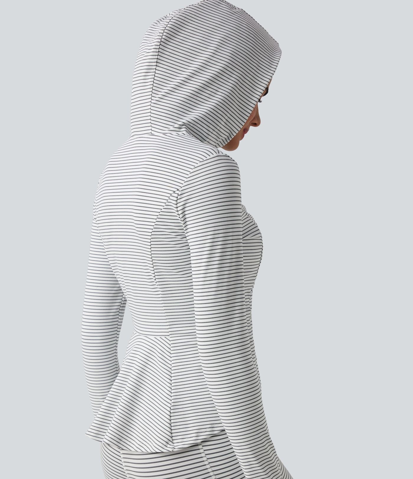 Veste de yoga à capuche manches longues avec trous pour pouces et rayures avec poches