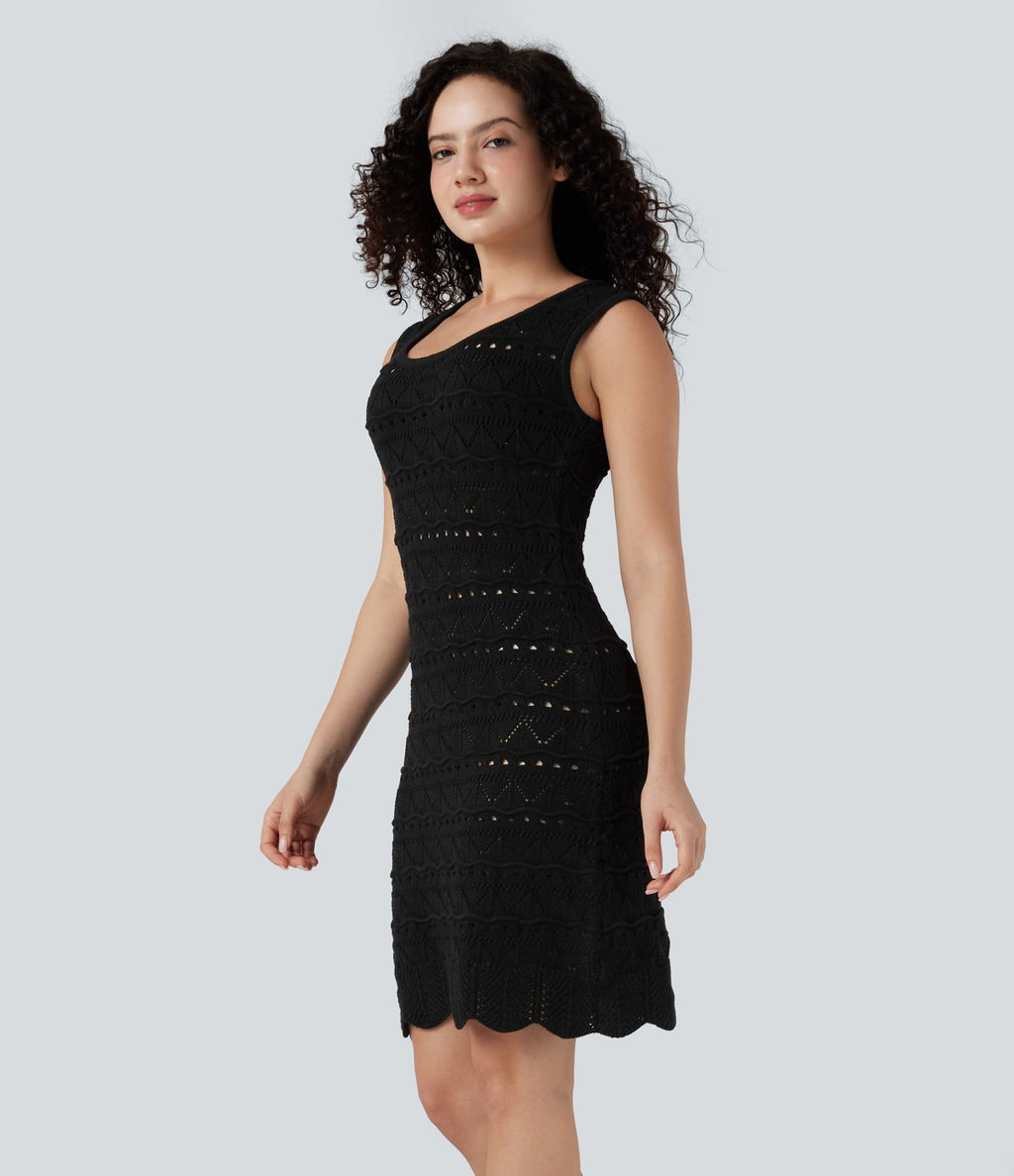 Robe pull courte col U sans manches tricot ajouré ourlet festonné