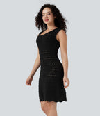 Robe pull courte col U sans manches tricot ajouré ourlet festonné