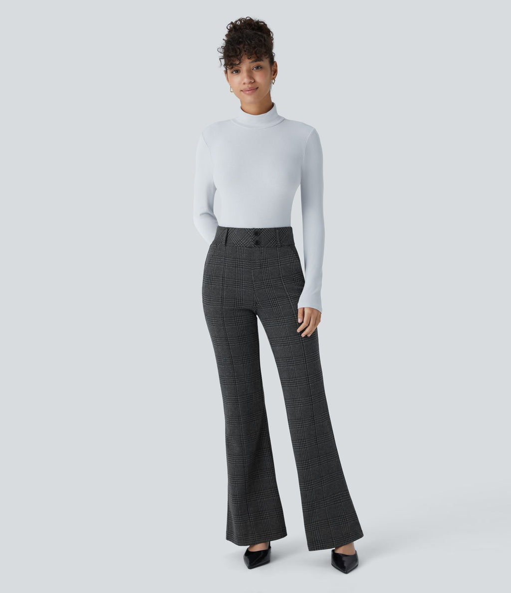 Halara Flex™ Pantalon tailleur évasé à carreaux pied-de-poule, taille haute avec boutons décoratifs et poches latérales