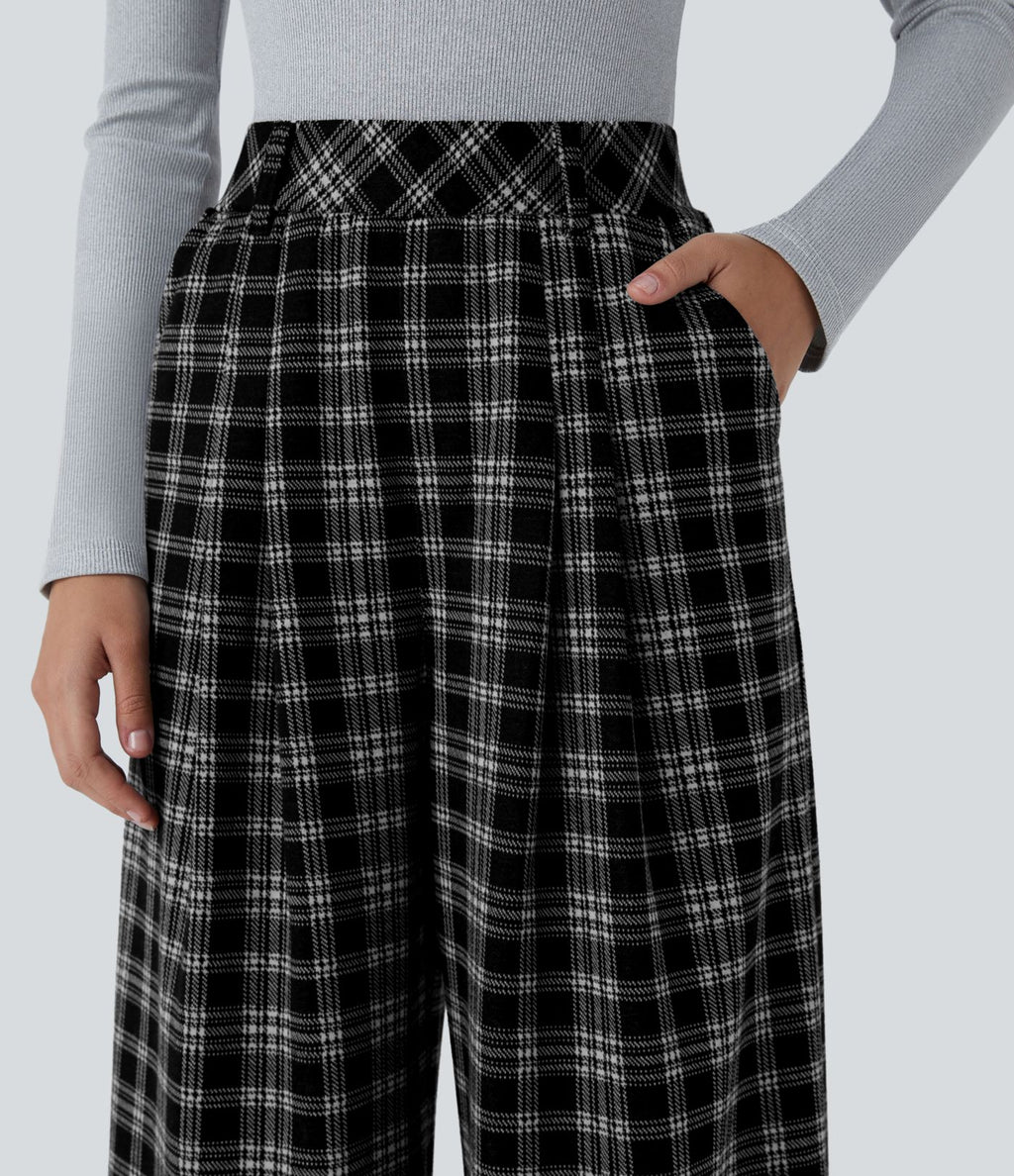 Pantalon taille haute décontracté large à carreaux, avec poches