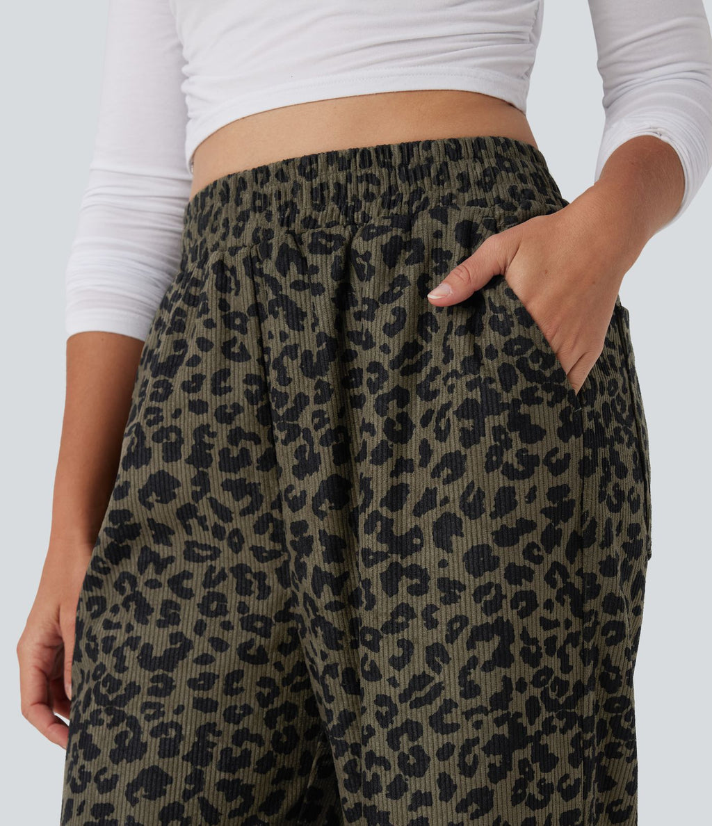 Pantalon léopard ample décontracté velours côtelé imprimé taille haute avec poches