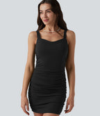 Robe courte moulante encolure carrée ventre plat avec effet gainant intégré et fronces