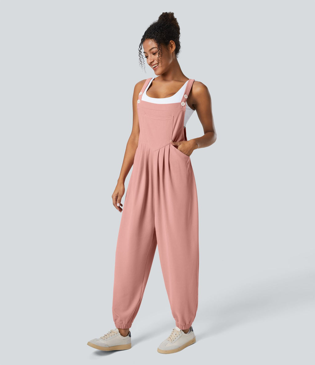 Salopette Casual Bretelles Ajustables Boutonnés Multiples Poches Plis et Tissu Gaufré