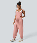 Salopette Casual Bretelles Ajustables Boutonnés Multiples Poches Plis et Tissu Gaufré