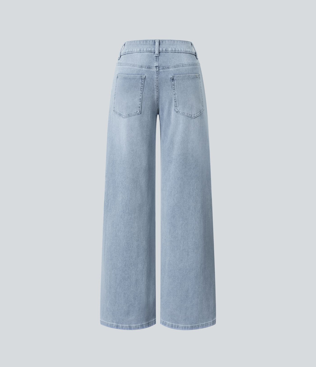 Halara Flex™ Jean Large Casual Taille Basse avec Boutons Zip Multiples Poches Lavés Élastiques et Tricotés