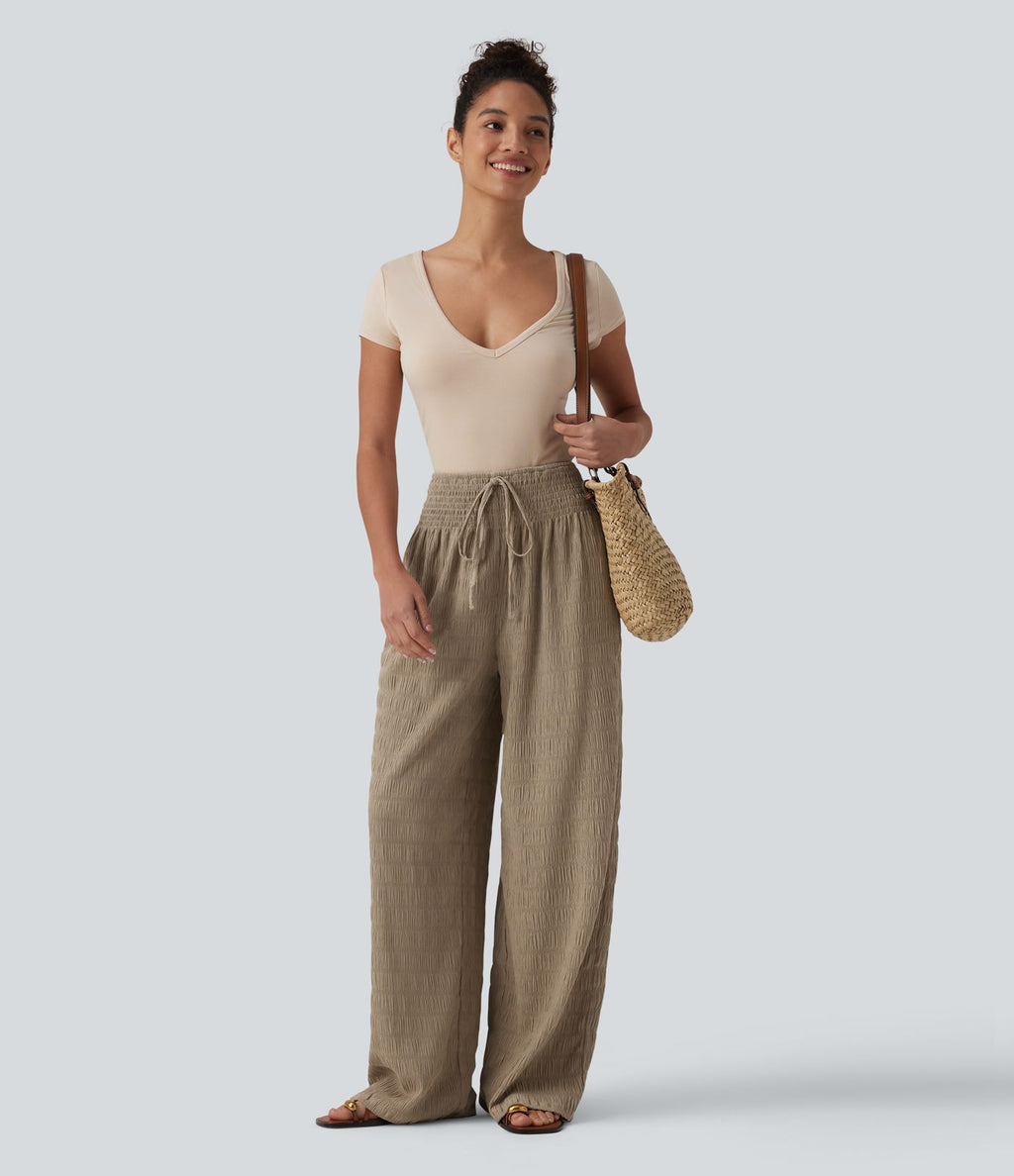 Pantalon large casual texturé taille mi-haute avec cordon de serrage et poches – Style resort