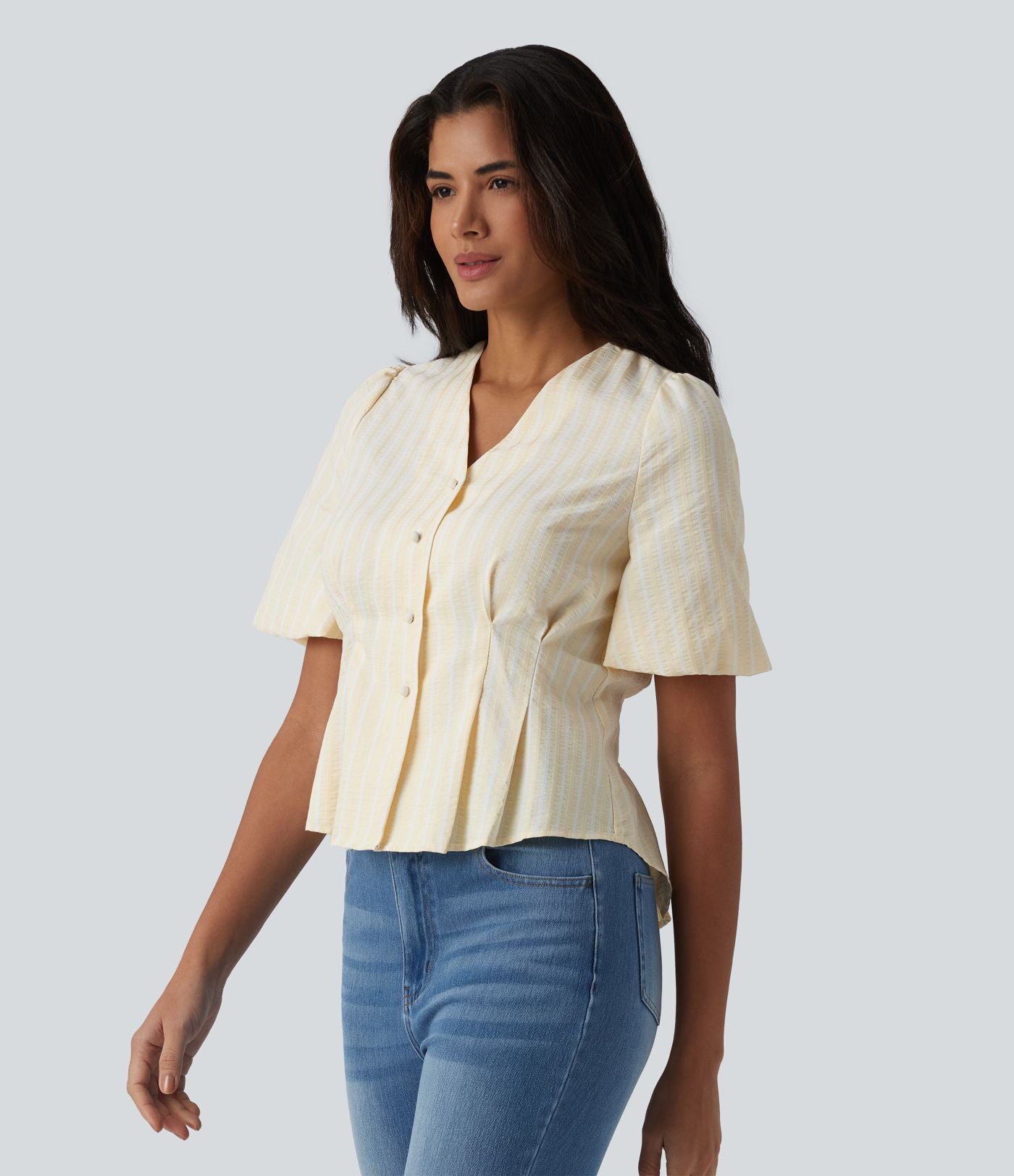 Blouse casual à rayures col V et manches bouffantes mi-longues
