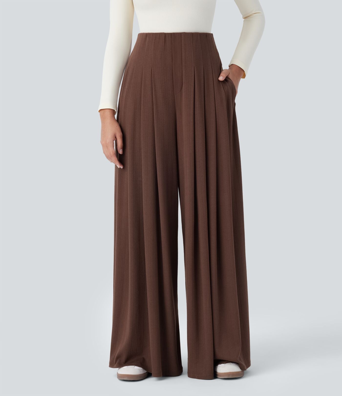 Pantalon décontracté ample à taille haute, plissé et à poches latérales