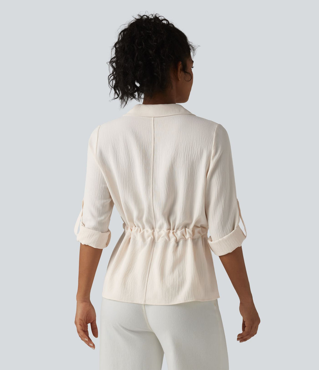 Chemise effet lin esprit bureau à revers, manches retroussées et lien à nouer