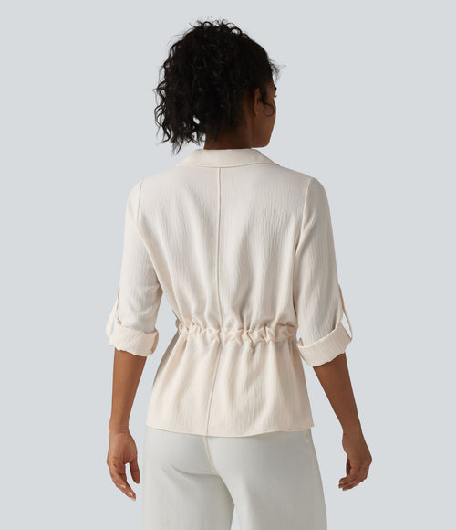 Chemise effet lin esprit bureau à revers, manches retroussées et lien à nouer