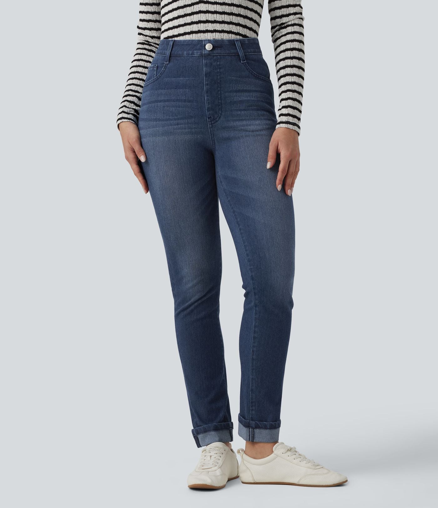 Halara Flex™ Jean slim casual taille haute à ourlet retroussé avec poches