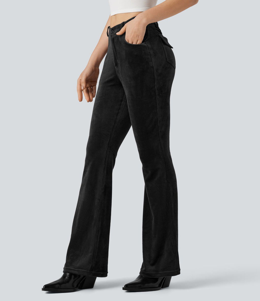 Pantalon évasé velours côtelé ceinture en V taille haute avec poches