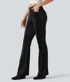 Pantalon évasé velours côtelé ceinture en V taille haute avec poches