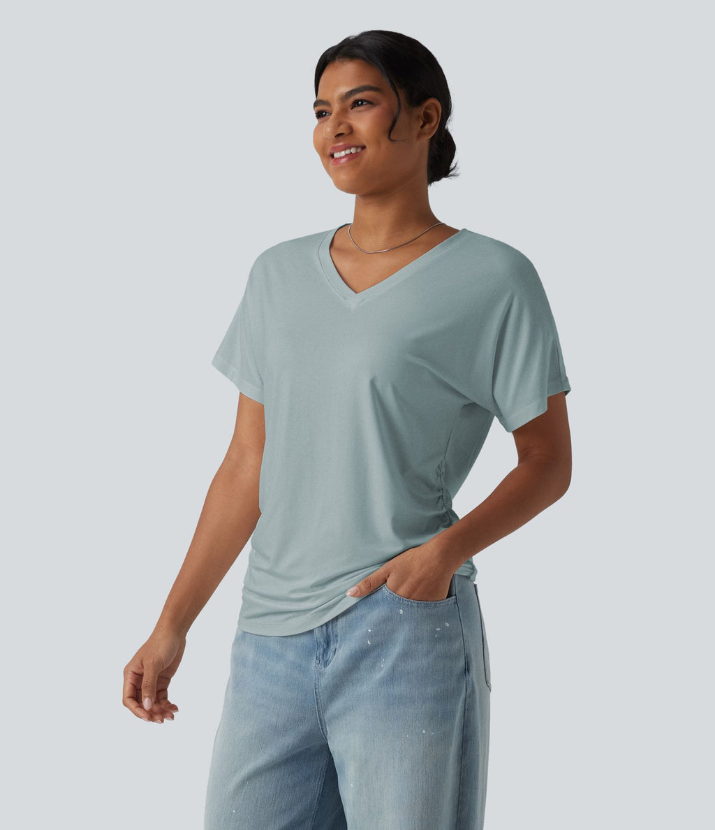 T-shirt décontracté uni à manches courtes, col V et fronces