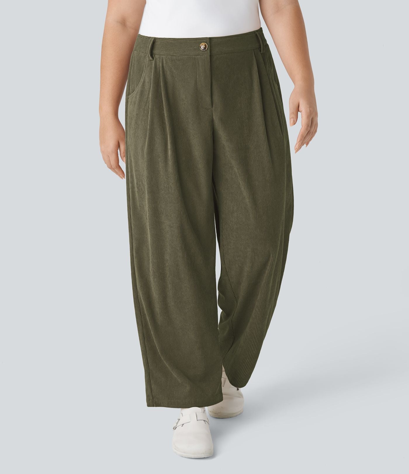 Pantalon Casual Grande Taille Velours Côtelé Taille Mi-haute Boutonnés Fermeture Éclair Poches Latérales