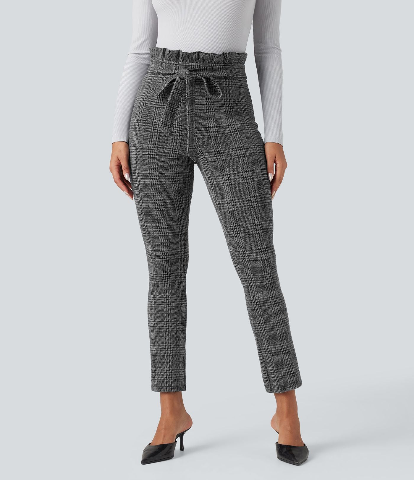 Pantalon tailleur skinny Halara Flex™ paper bag pied-de-poule carreaux taille haute à nœud avec poches