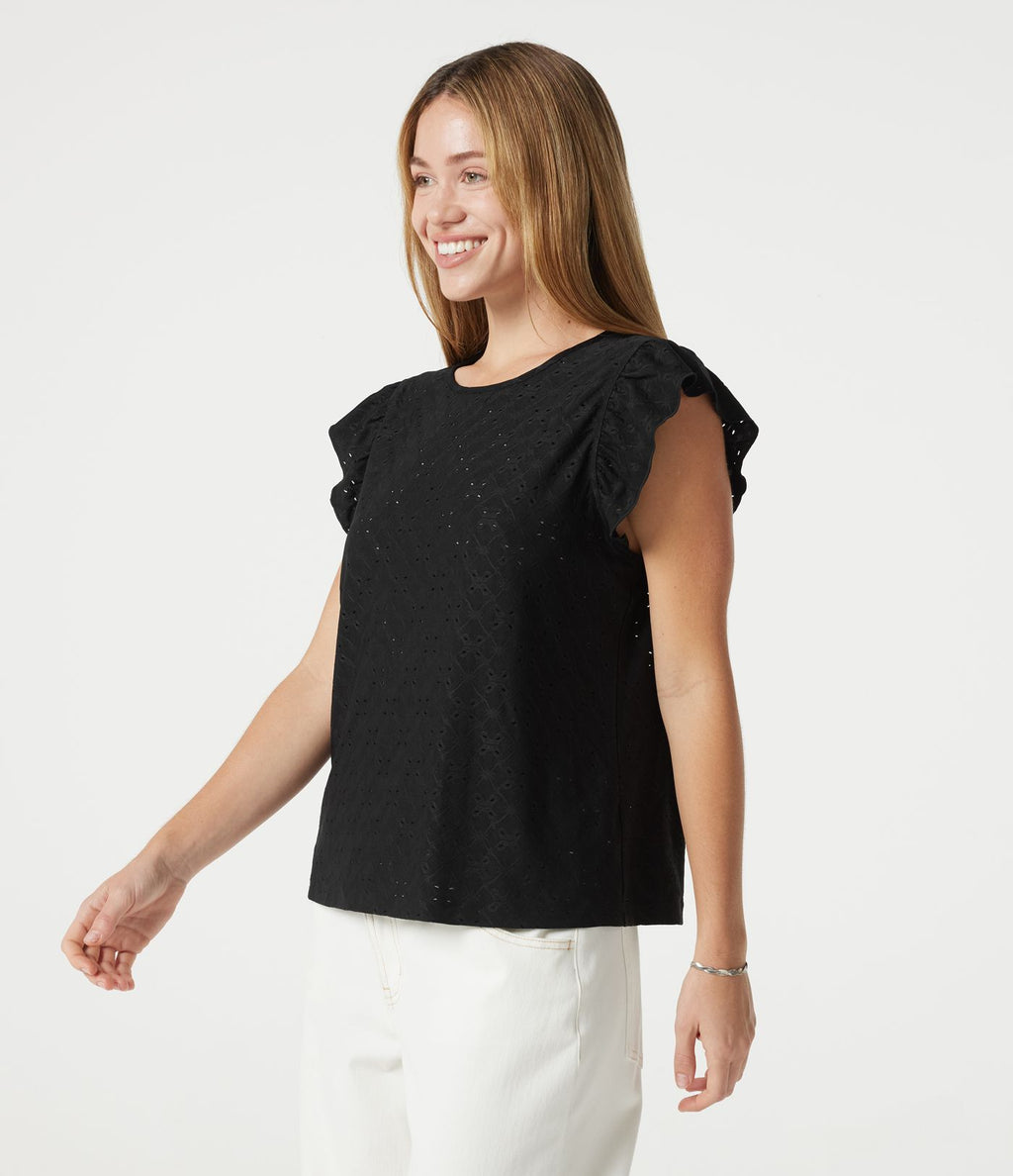 Top casual col rond à manches à volants en broderie anglaise