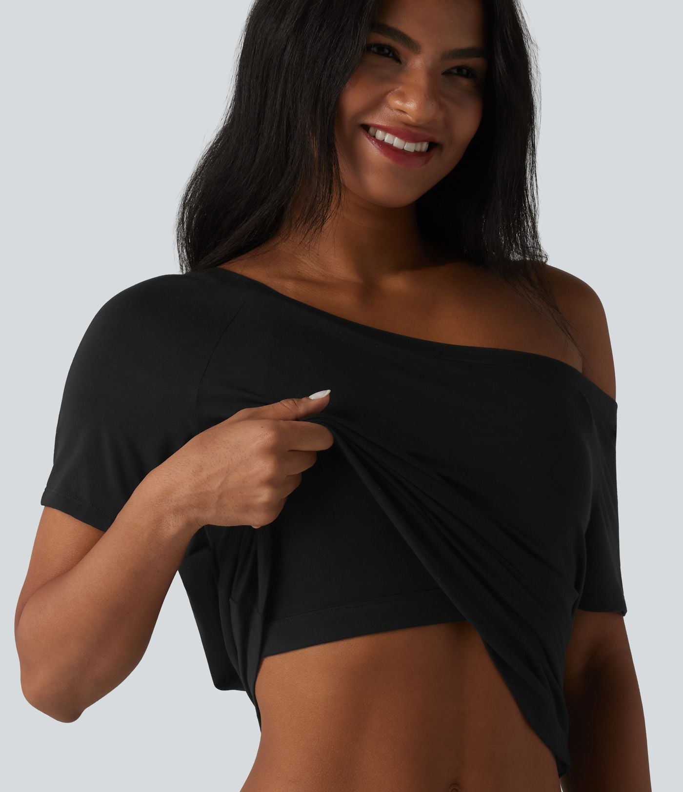 T-shirt décontracté asymétrique manches courtes soutien-gorge intégré nœud devant