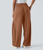 Pantalon Large Fluide Taille Mi-Haute Taille Élastique Cordon Poches Latérales Ourlet Flottant