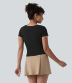 T-shirt casual en maille côtelée à manches courtes, col Queen Anne et soutien-gorge intégré
