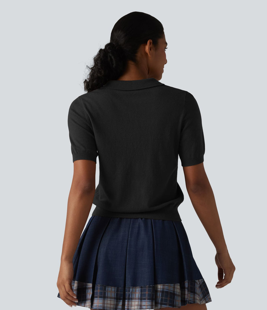 Pull décontracté col polo manches courtes en mélange de laine