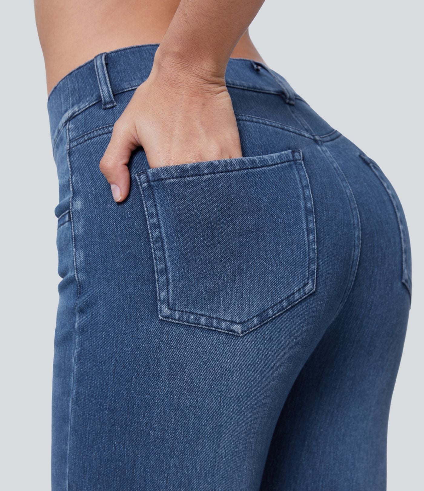 HalaraMagic™ Jean 7/8 Travail en Tricot Extensible Lavé à Jambes Droites et Poches Multiples à Taille Mi-Haute