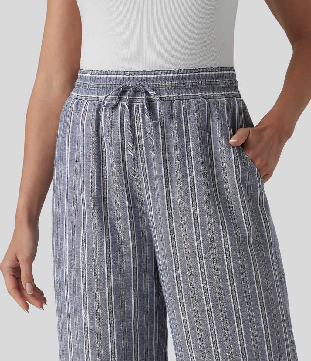 Pantalon tailleur large en lin rayé taille haute avec cordon de serrage et poches