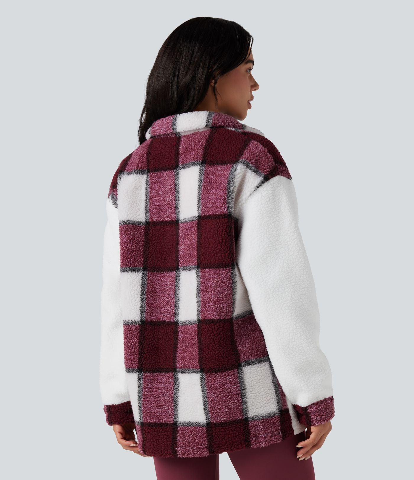 Veste sherpa carreaux color block manches longues avec poches