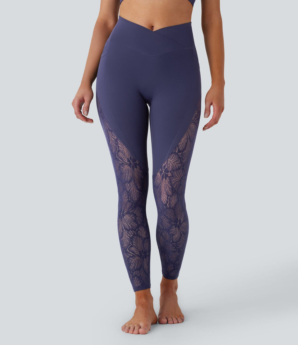 Legging de yoga 7/8 taille haute avec poches latérales, dos croisé et dentelle contrastante Softlyzero™-UPF50+