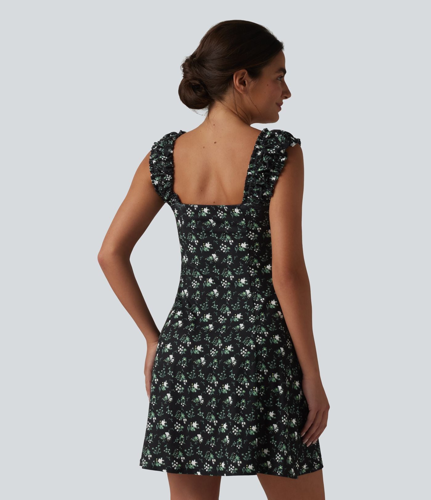 Robe trapèze mini col U sans manches à volants imprimé floral avec soutien-gorge intégré