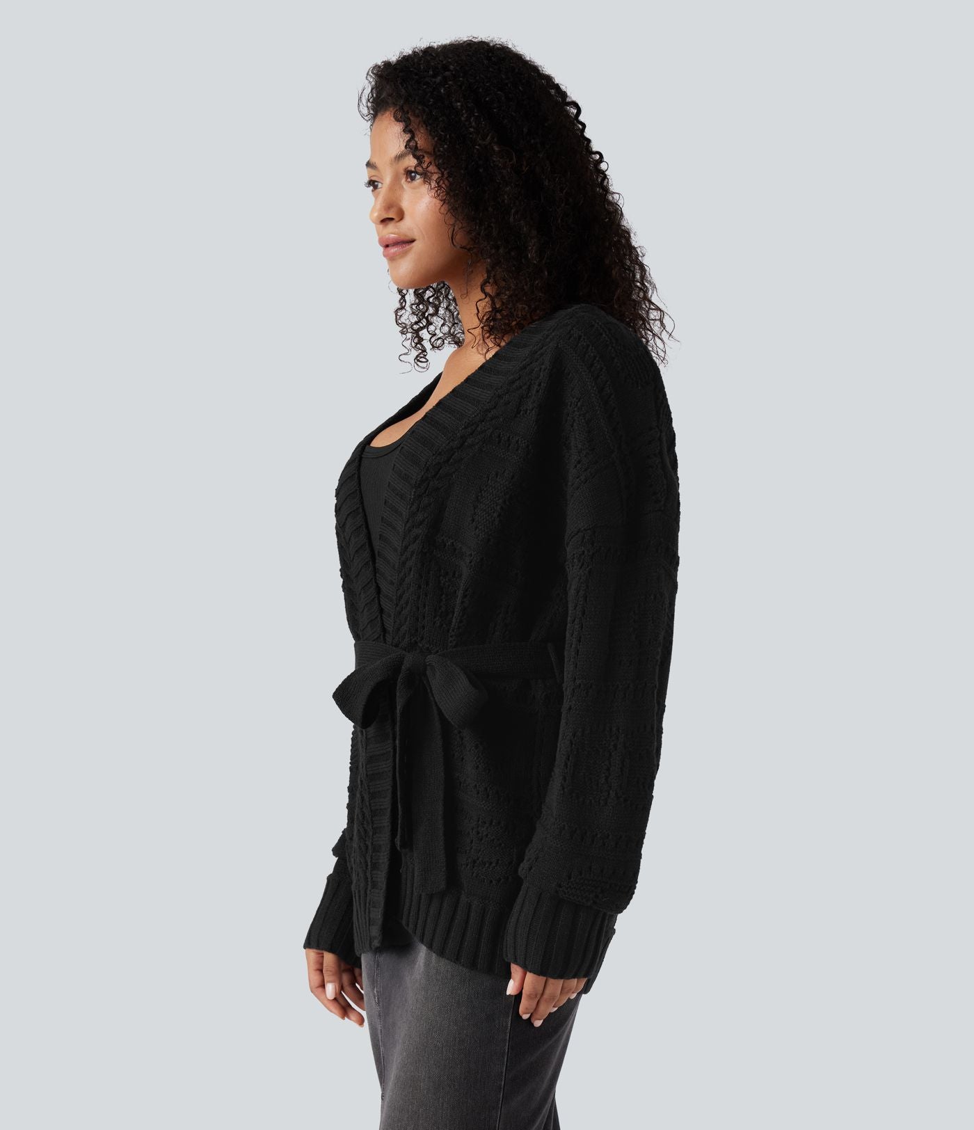 Cardigan décontracté en maille tricotée à manches longues avec ceinture et ouverture devant