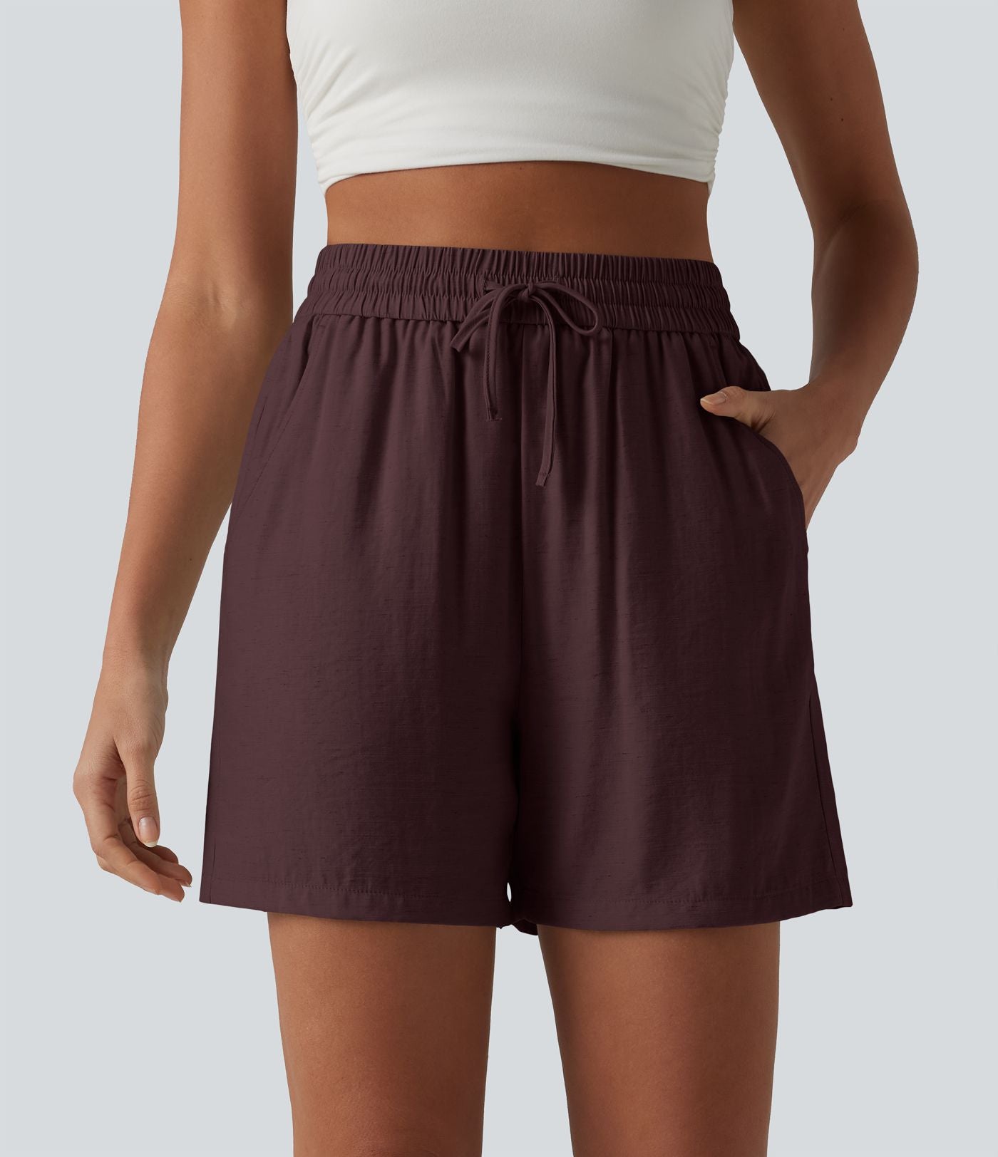 Short décontracté ample en lin mélangé taille haute avec cordon de serrage, 12,5 cm, et poches
