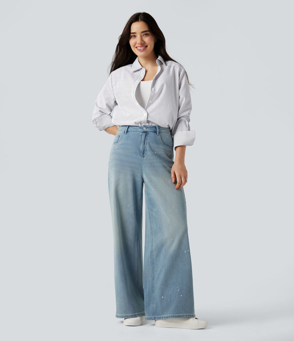 Chemise rayée col chemise ourlet arrondi manches longues coupe décontractée